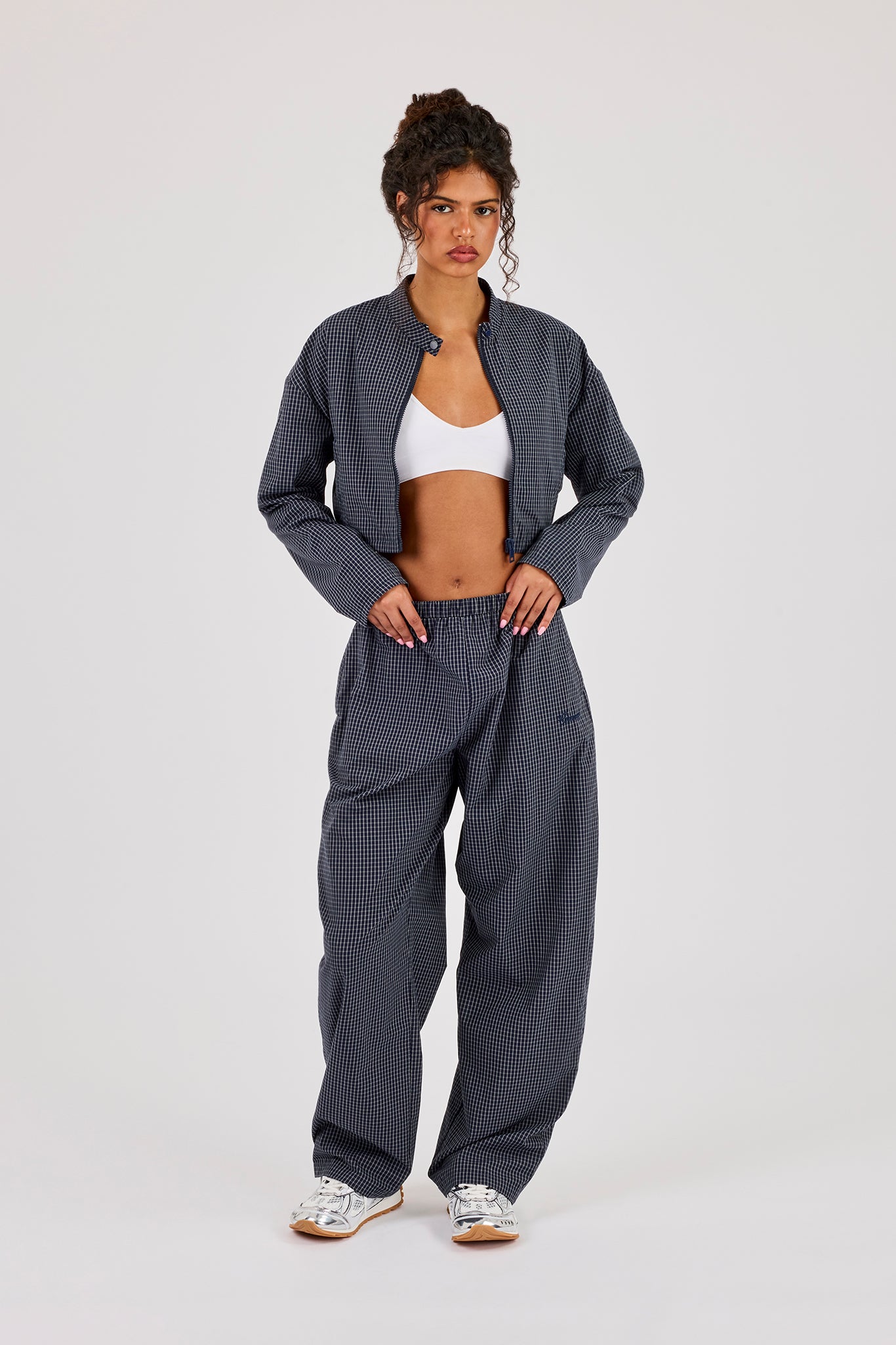 Check Funnel Neck Jacket & Barrel Leg Trouser - Navy