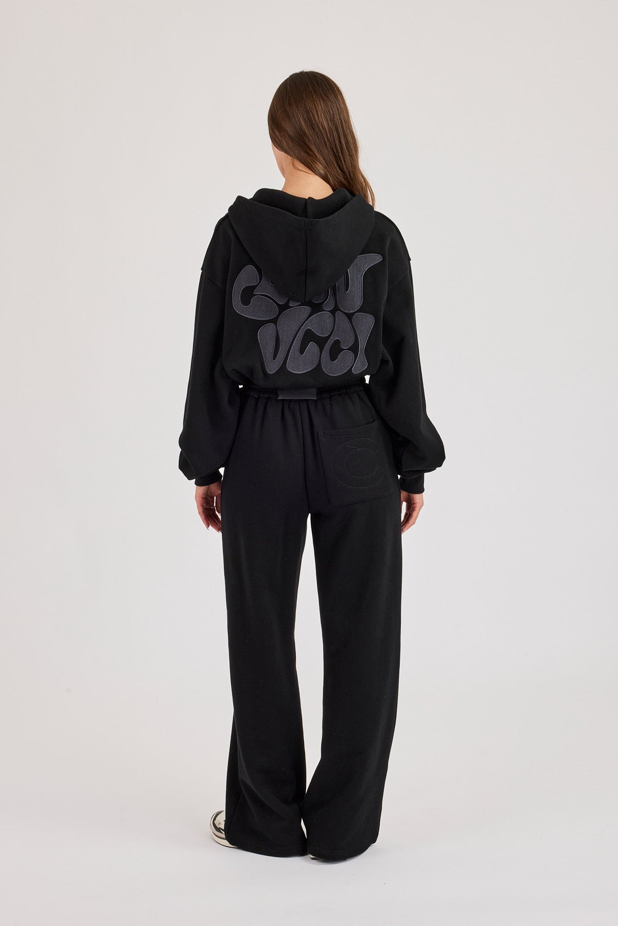 Chain Stitch Cropped Zip Through Hoodie & Wide Leg Jogger - Black