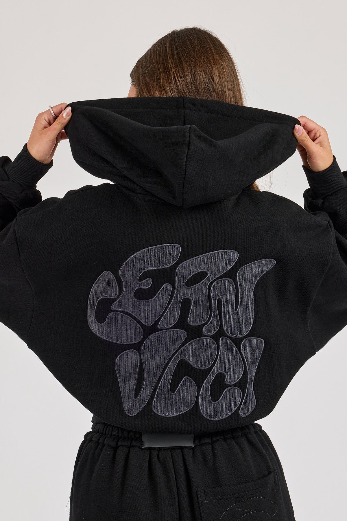 Chain Stitch Cropped Zip Through Hoodie - Black