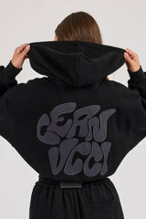 Chain Stitch Cropped Zip Through Hoodie - Black
