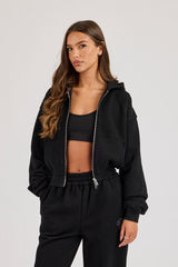 Chain Stitch Cropped Zip Through Hoodie - Black