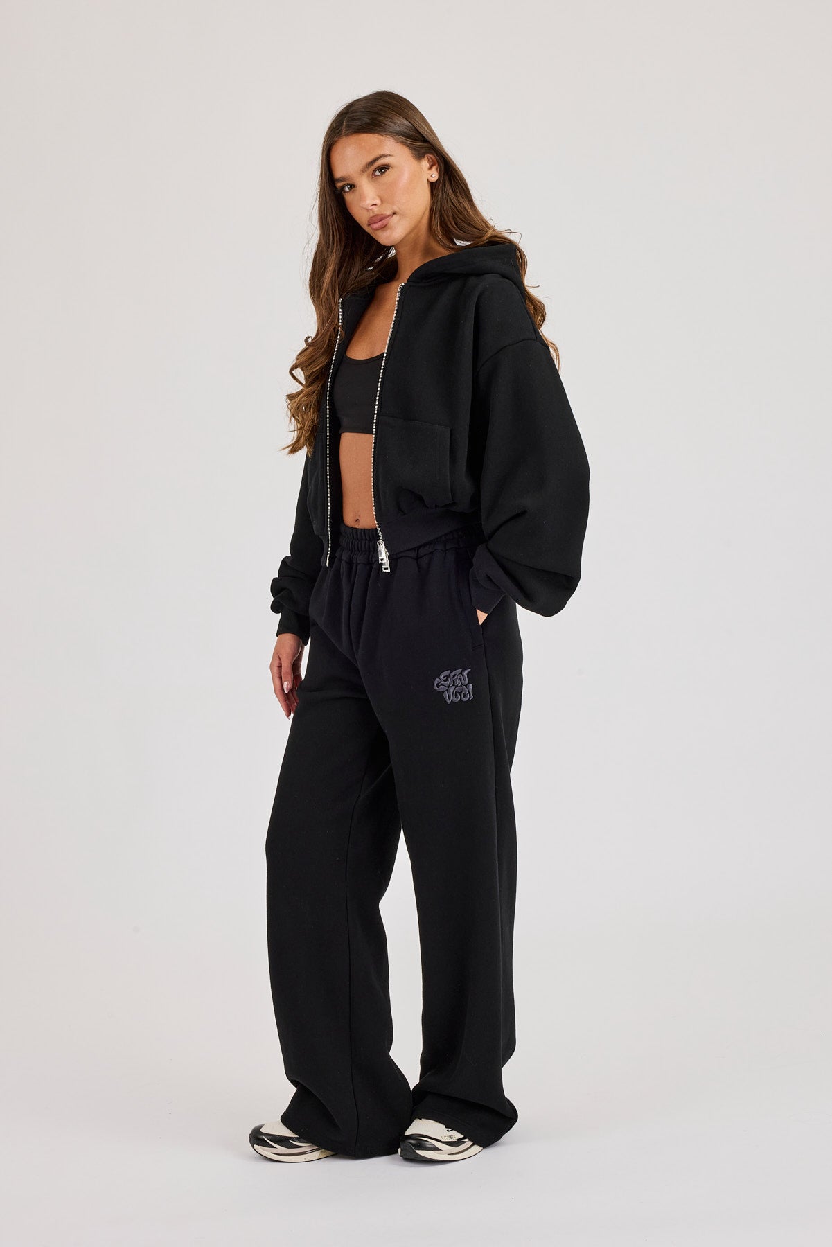 Chain Stitch Cropped Zip Through Hoodie & Wide Leg Jogger - Black