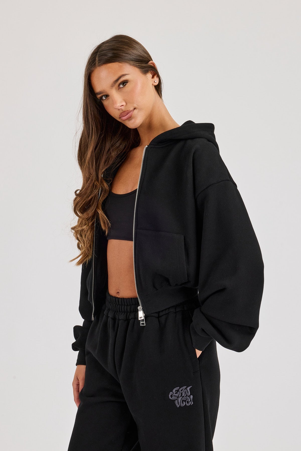 Chain Stitch Cropped Zip Through Hoodie - Black