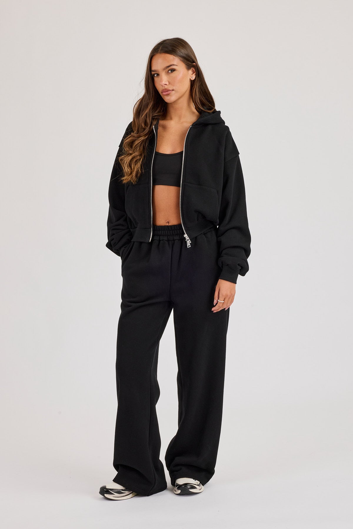 Chain Stitch Cropped Zip Through Hoodie - Black