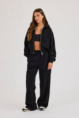 Chain Stitch Cropped Zip Through Hoodie - Black