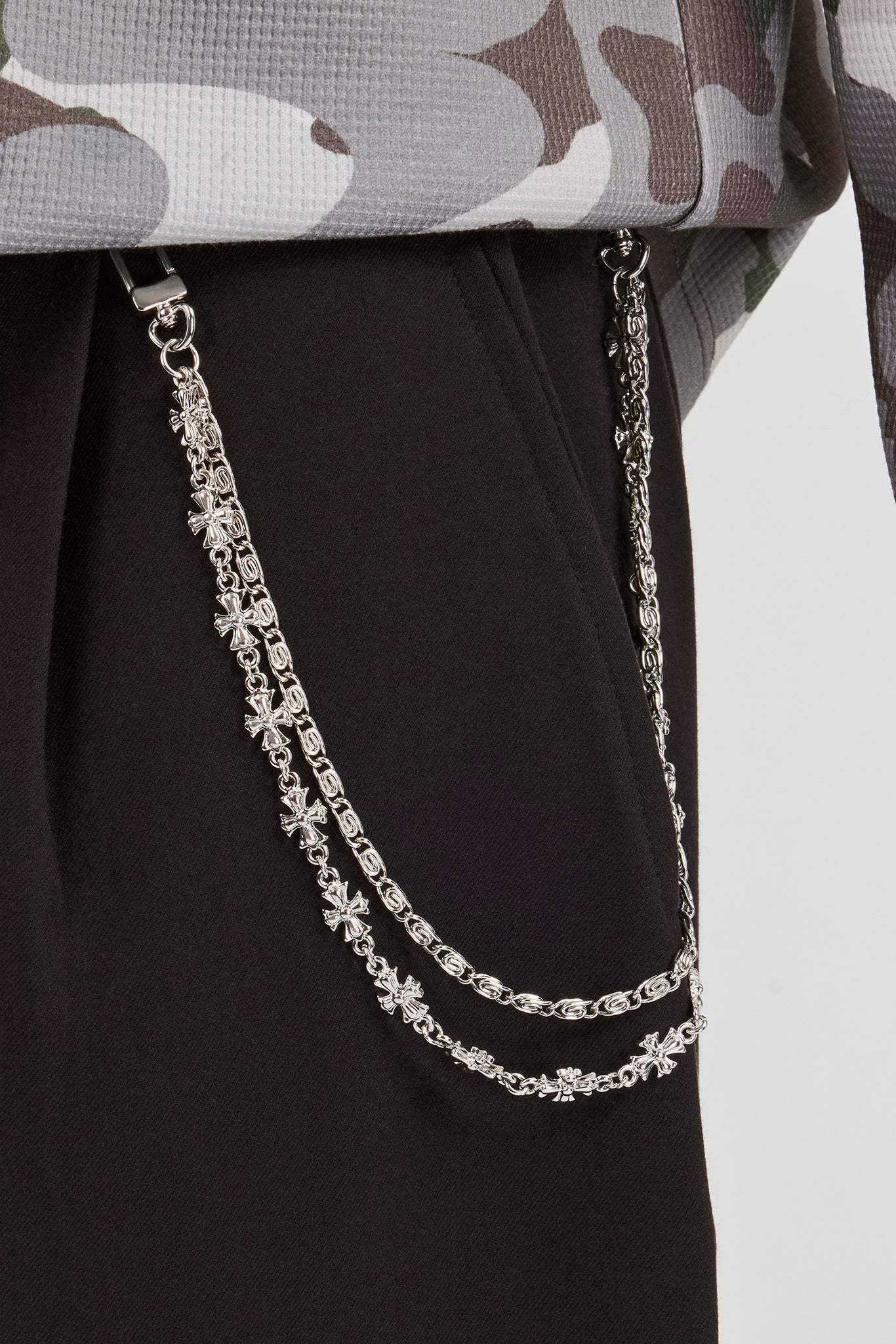 Wide Leg Tailored Trouser & 10mm Polished Double Layer Cross Motif Jean Chain - Black