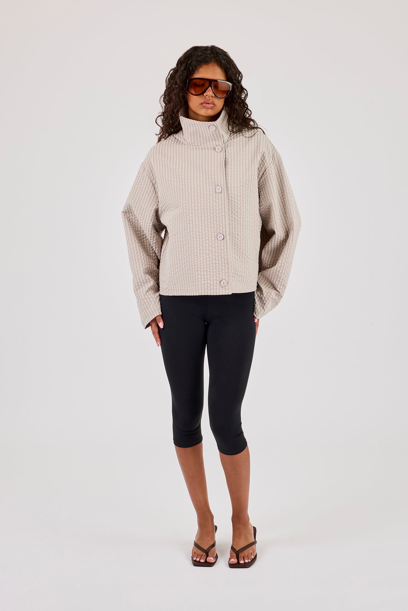 Crinkle Check Nylon Trench Jacket - Stone
