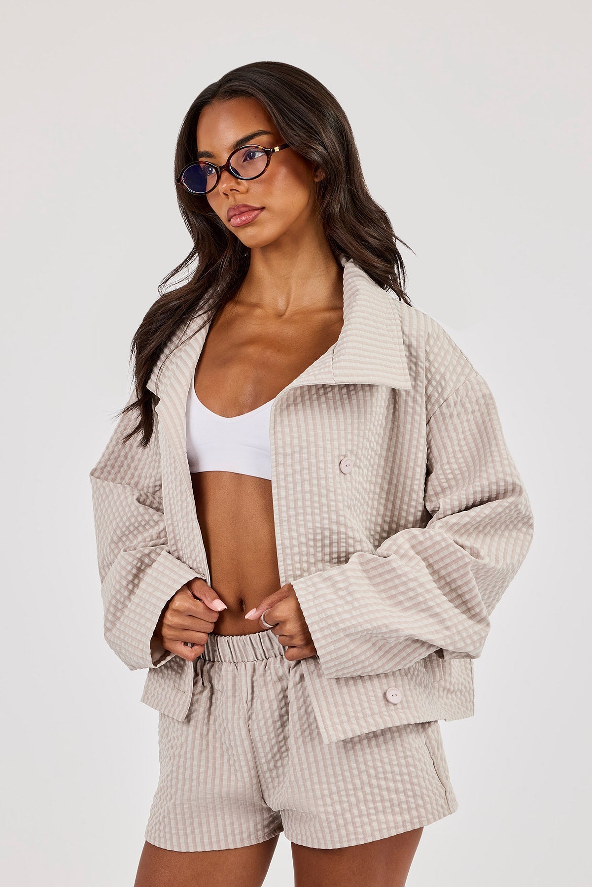 Crinkle Check Nylon Trench Jacket - Stone