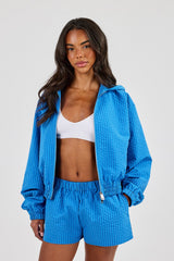 Crinkle Check Nylon Hooded Zip Through - Blue