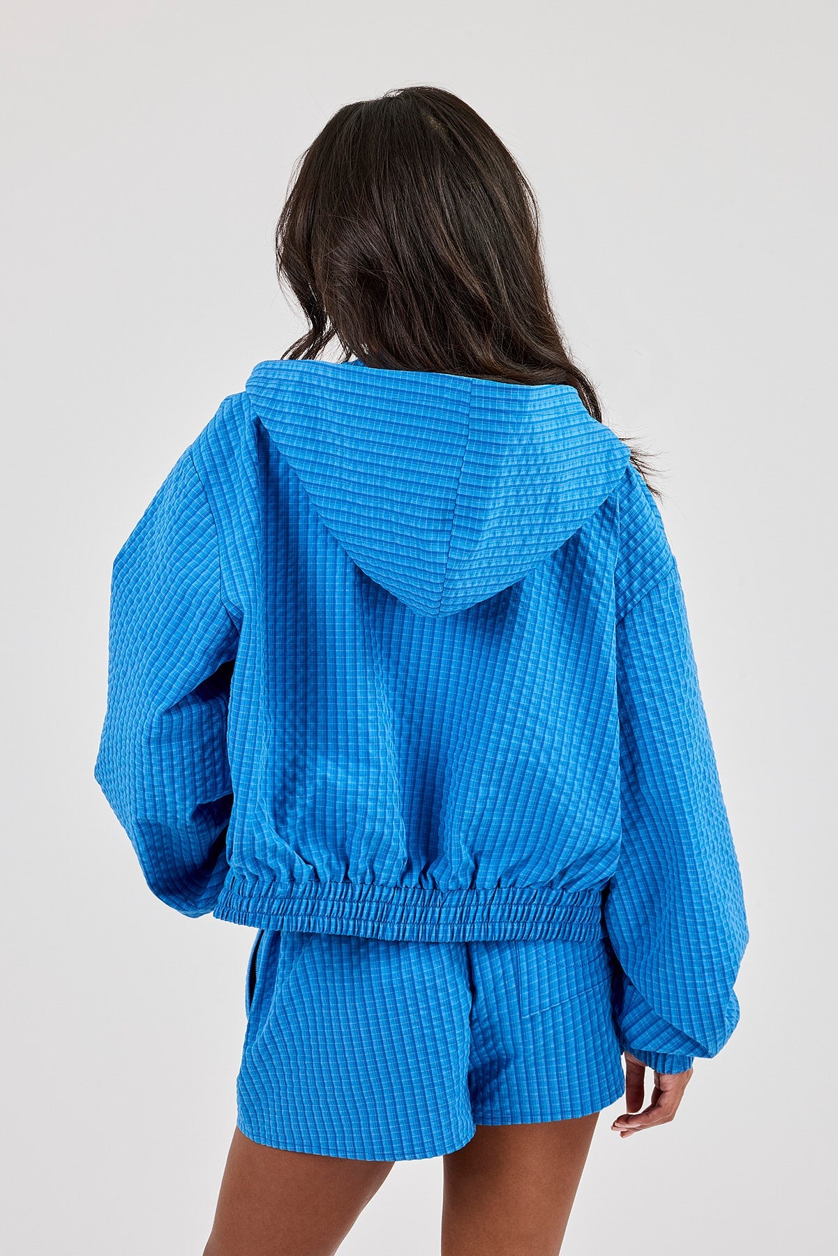 Crinkle Check Nylon Hooded Zip Through - Blue