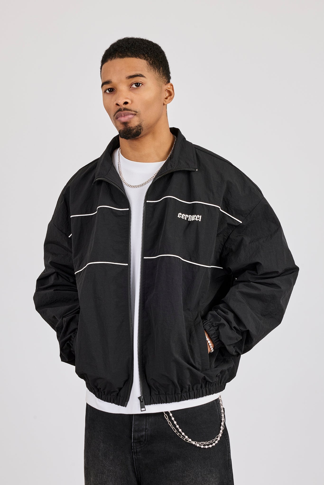 Nylon Contrast Funnel Neck Track Jacket - Black
