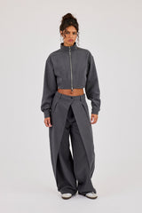 Woven Double Pleat Barrel Leg Trouser - Charcoal