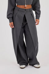 Woven Double Pleat Barrel Leg Trouser - Charcoal
