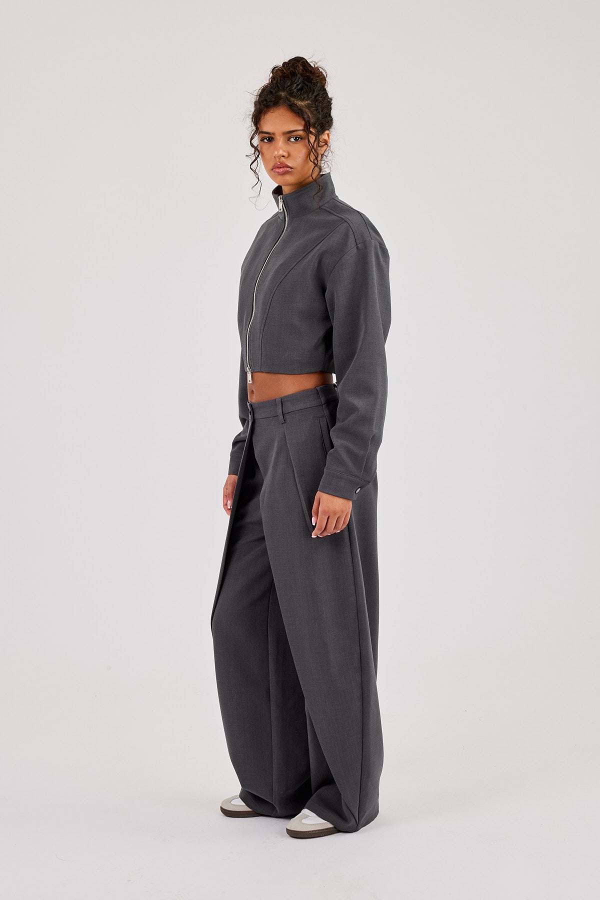 Woven Seam Detail Jacket & Double Pleat Barrel Leg Trouser - Charcoal