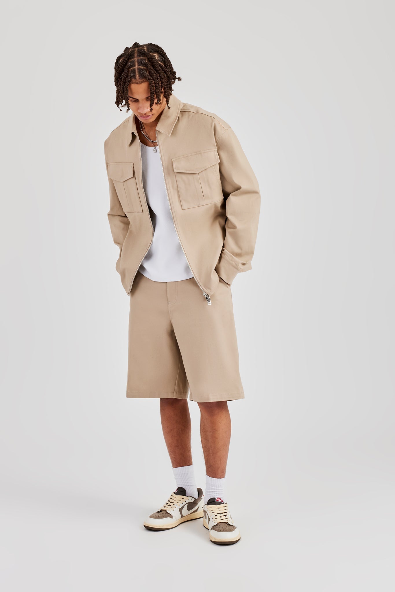 Utility Zip Through Overshirt - Beige