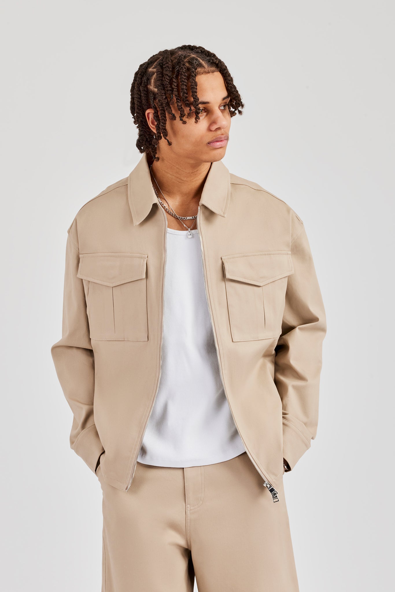 Utility Zip Through Overshirt - Beige