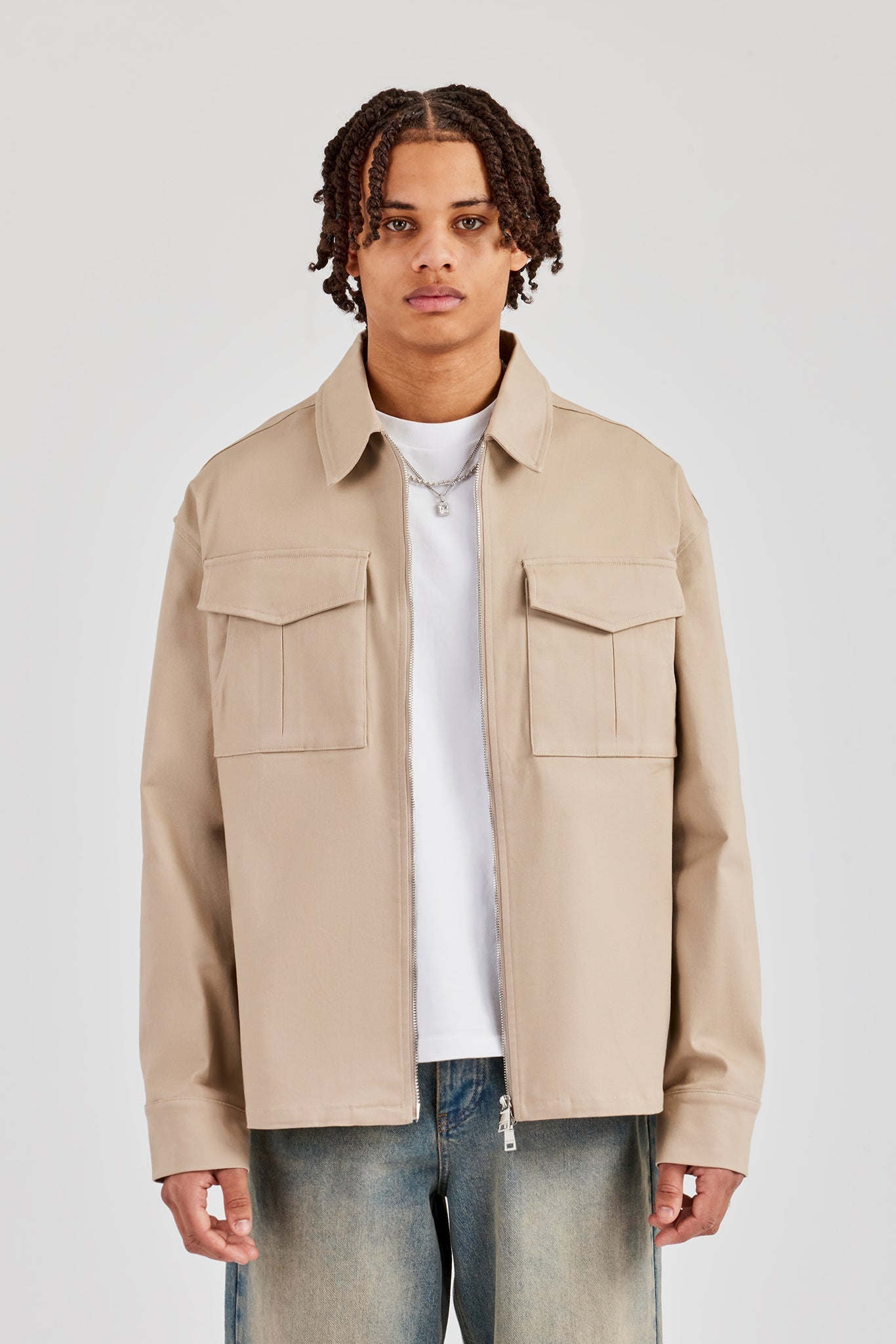 Utility Zip Through Overshirt - Beige