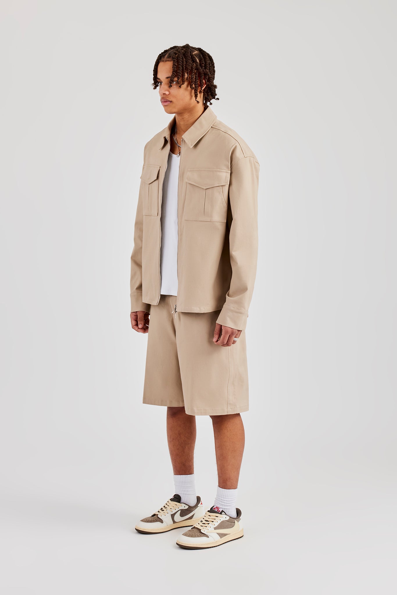 Utility Zip Through Overshirt & Tailored Jort - Beige