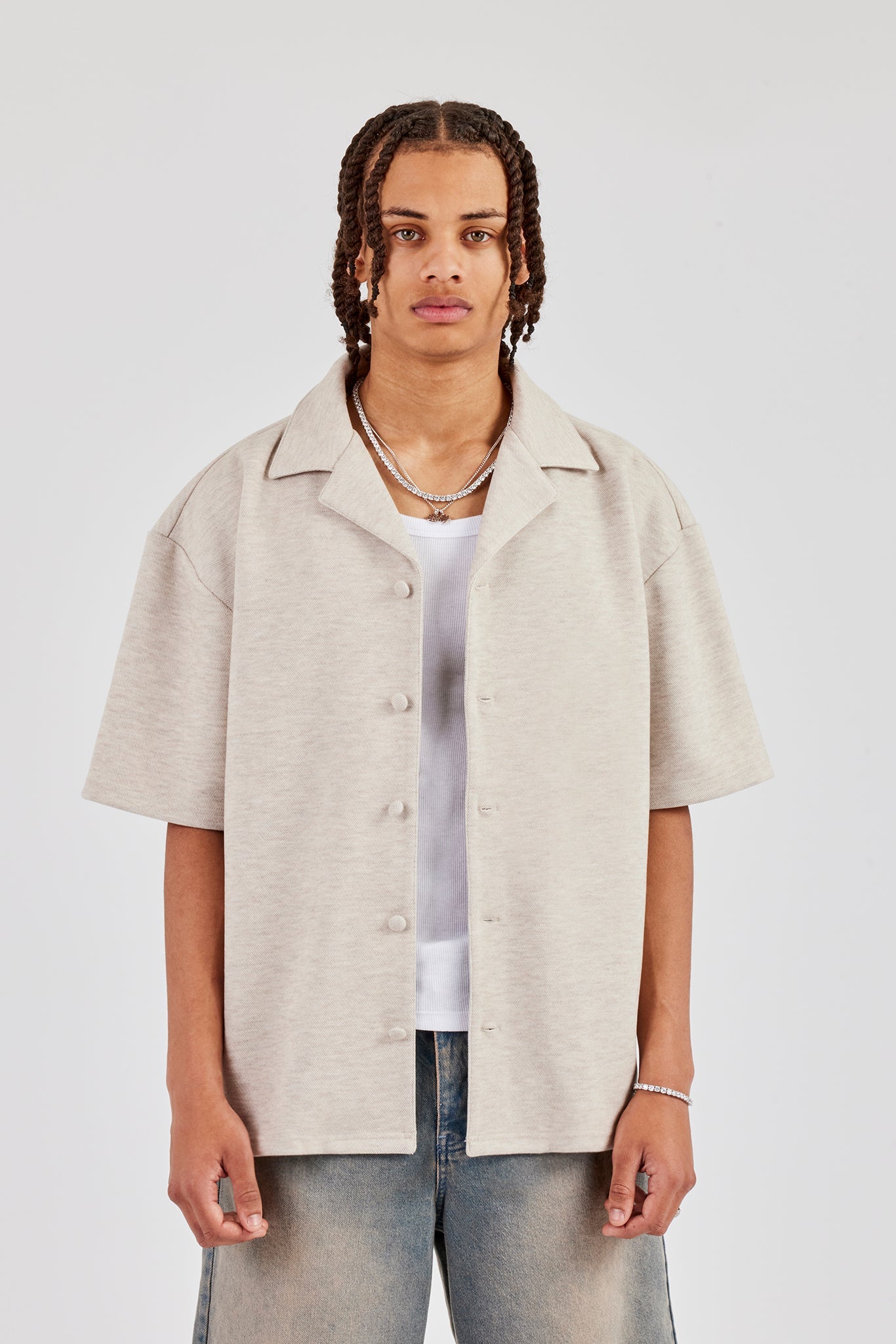 Textured Revere Collar Shirt - Stone