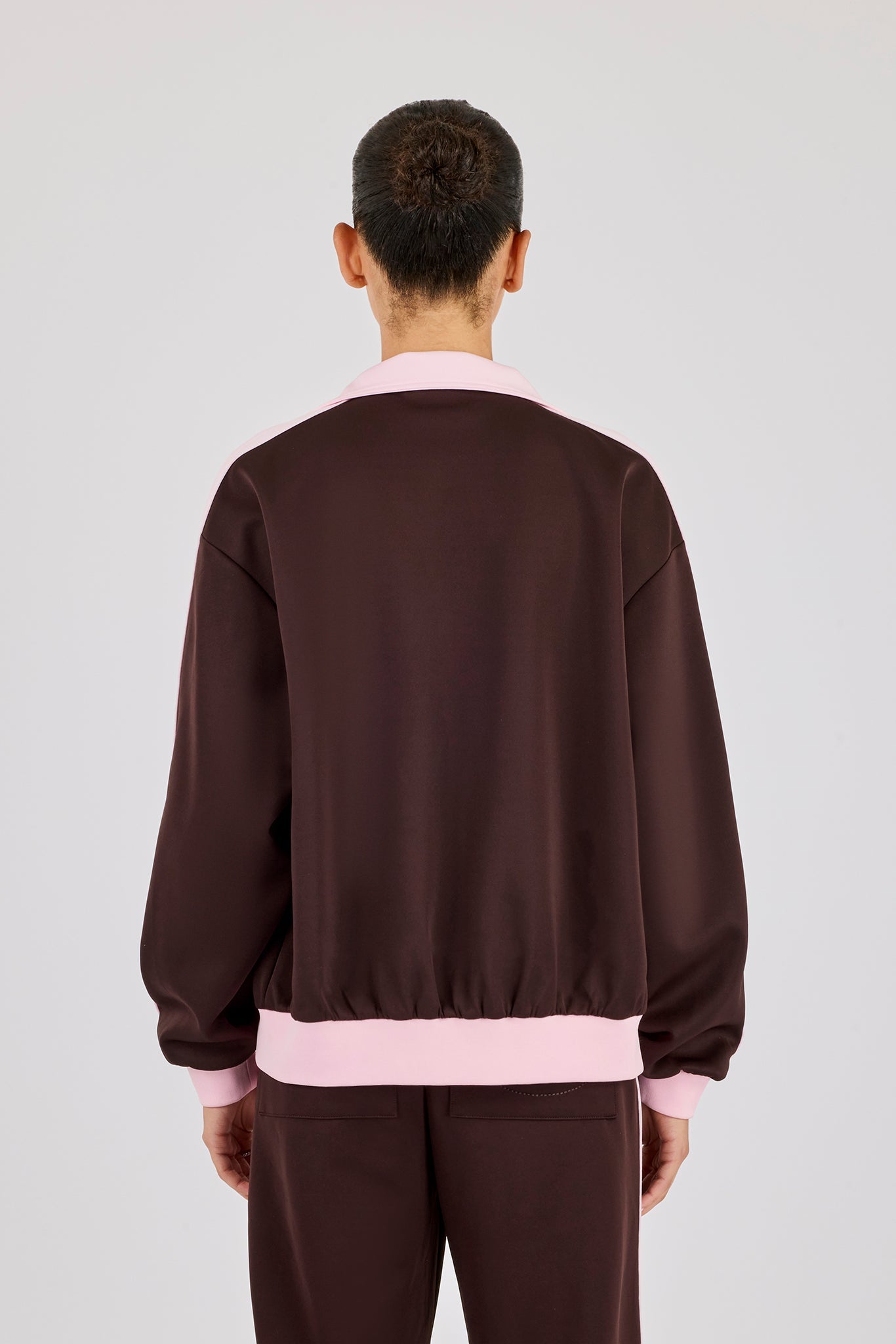 Pink Rib Contrast Panel Track Top - Chocolate