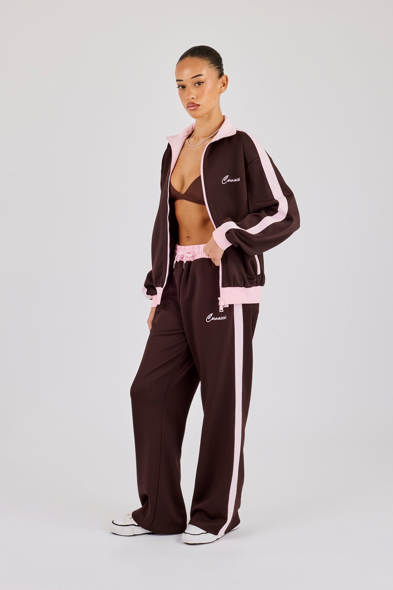 Pink Rib Contrast Track Pant - Chocolate