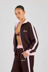 Pink Rib Contrast Panel Track Top - Chocolate