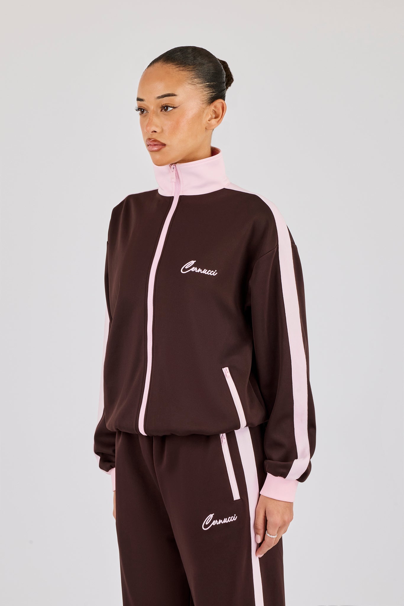 Pink Rib Contrast Panel Track Top - Chocolate
