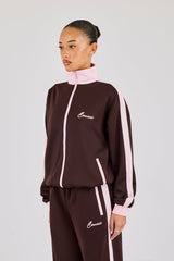 Pink Rib Contrast Panel Track Top - Chocolate