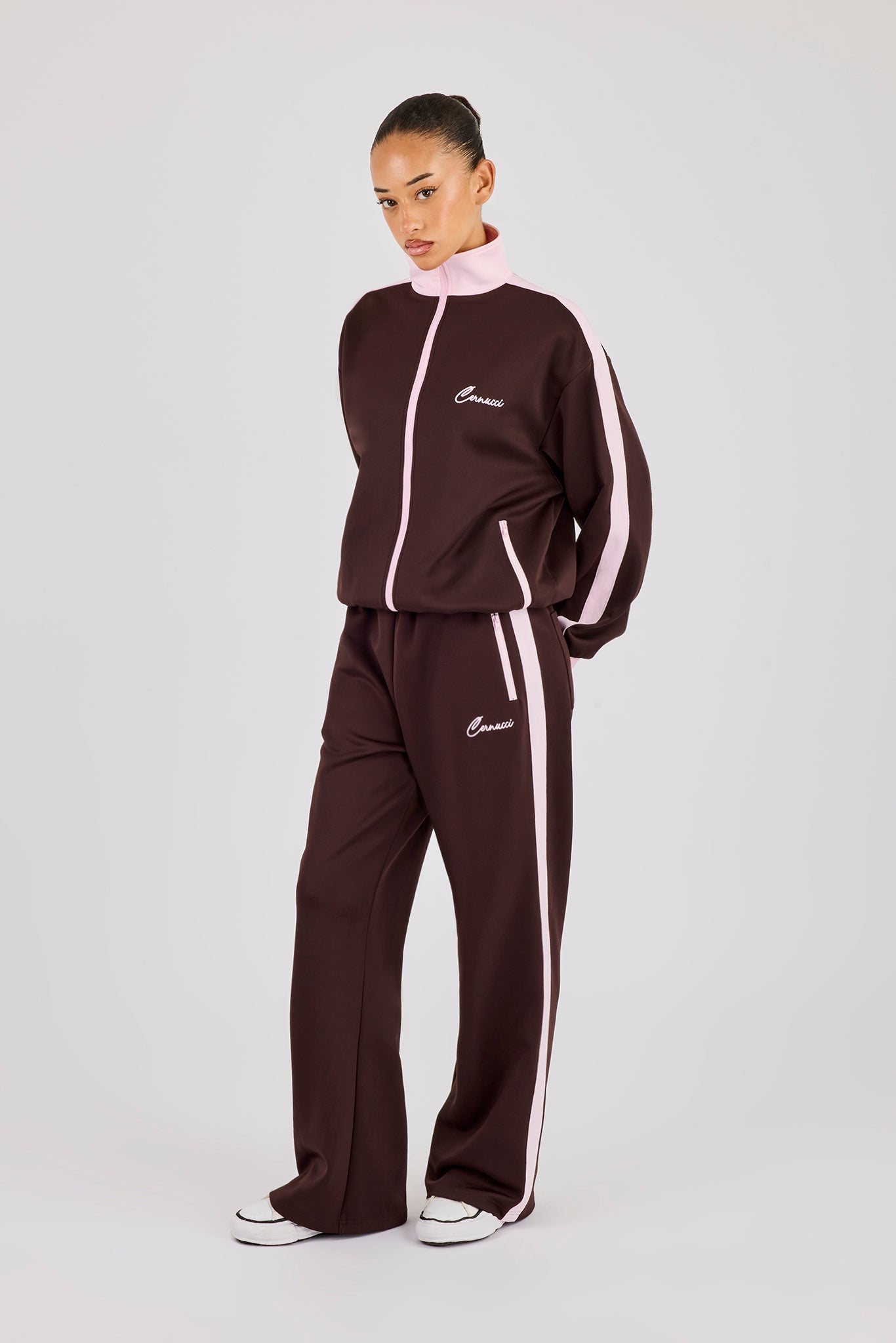 Pink Contrast Rib Panel Tracksuit - Chocolate