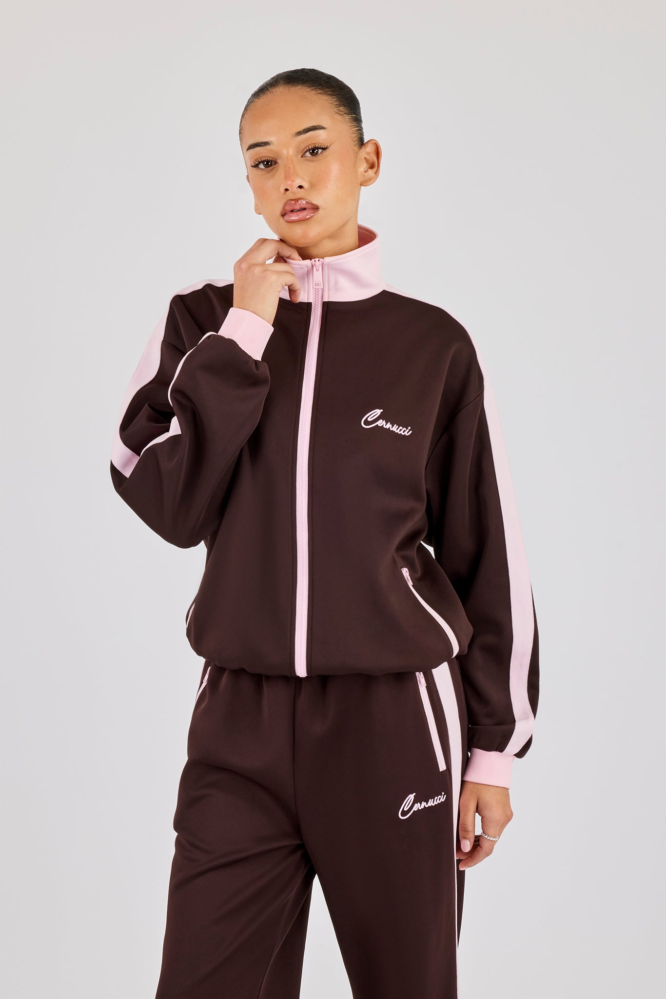 Pink Rib Contrast Panel Track Top - Chocolate