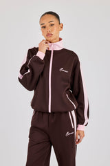 Pink Rib Contrast Panel Track Top - Chocolate