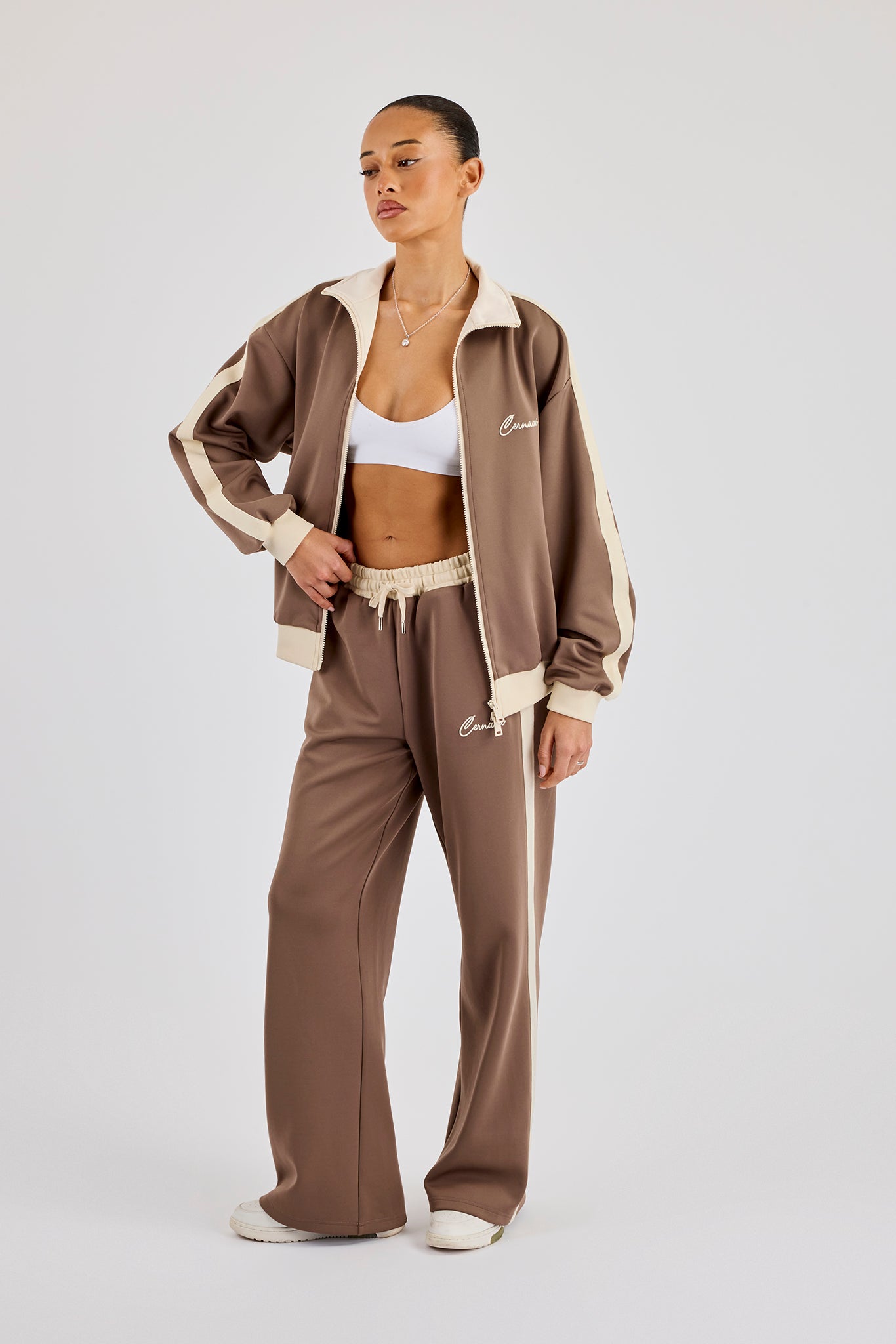 Off White Rib Contrast Panel Track Top & Pant - Taupe