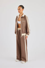 Off White Rib Contrast Panel Track Top & Pant - Taupe