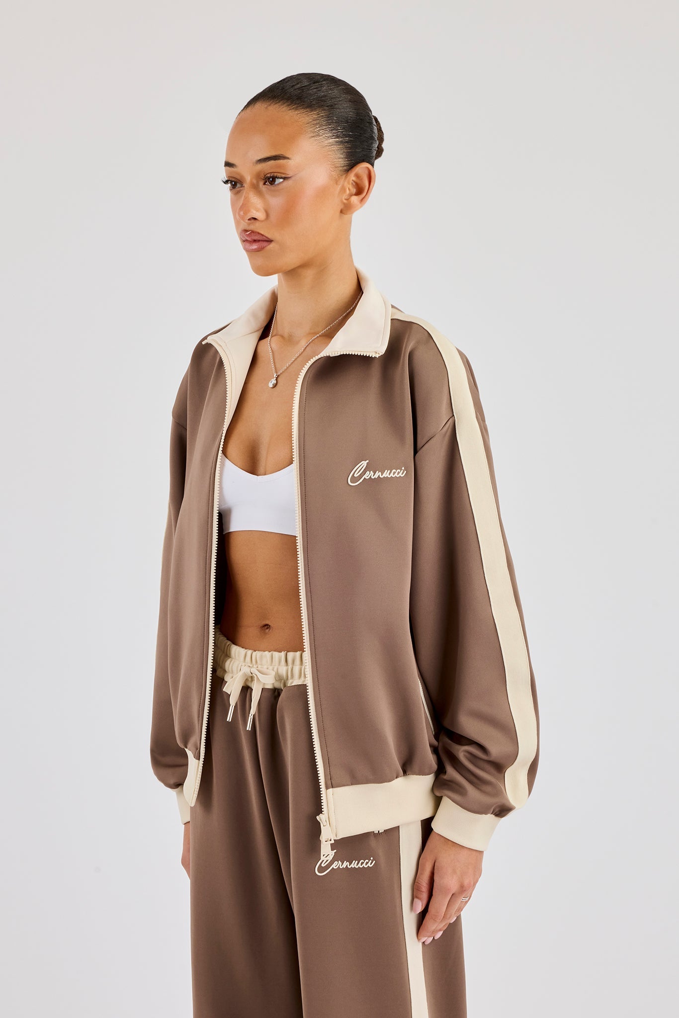 Off White Rib Contrast Panel Track Top - Taupe