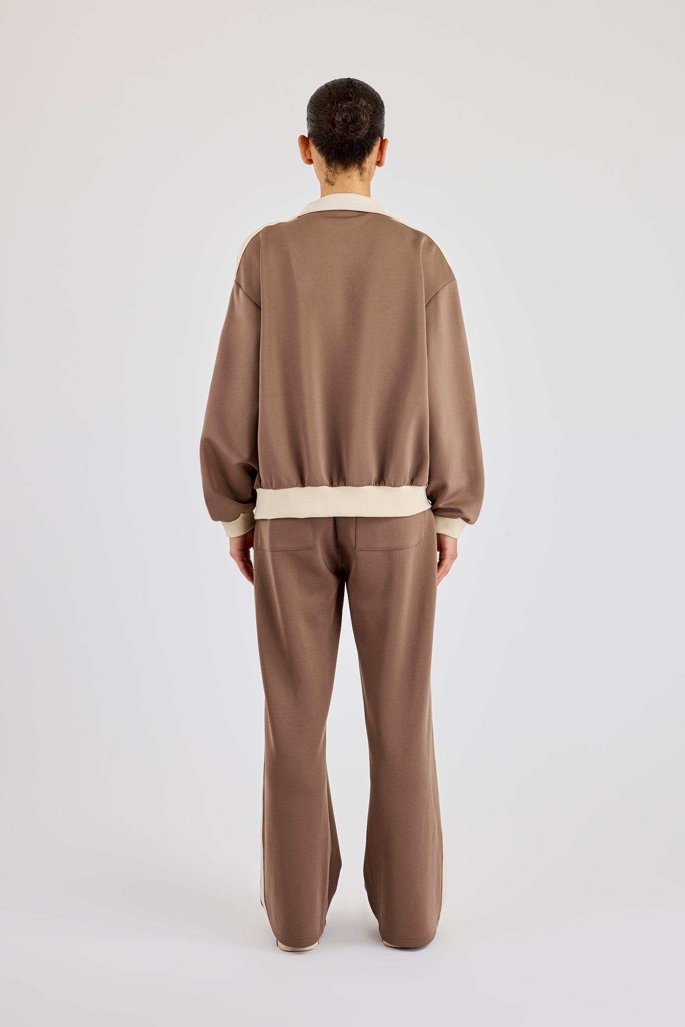 Off White Rib Contrast Panel Track Top & Pant - Taupe