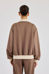 Off White Rib Contrast Panel Track Top - Taupe