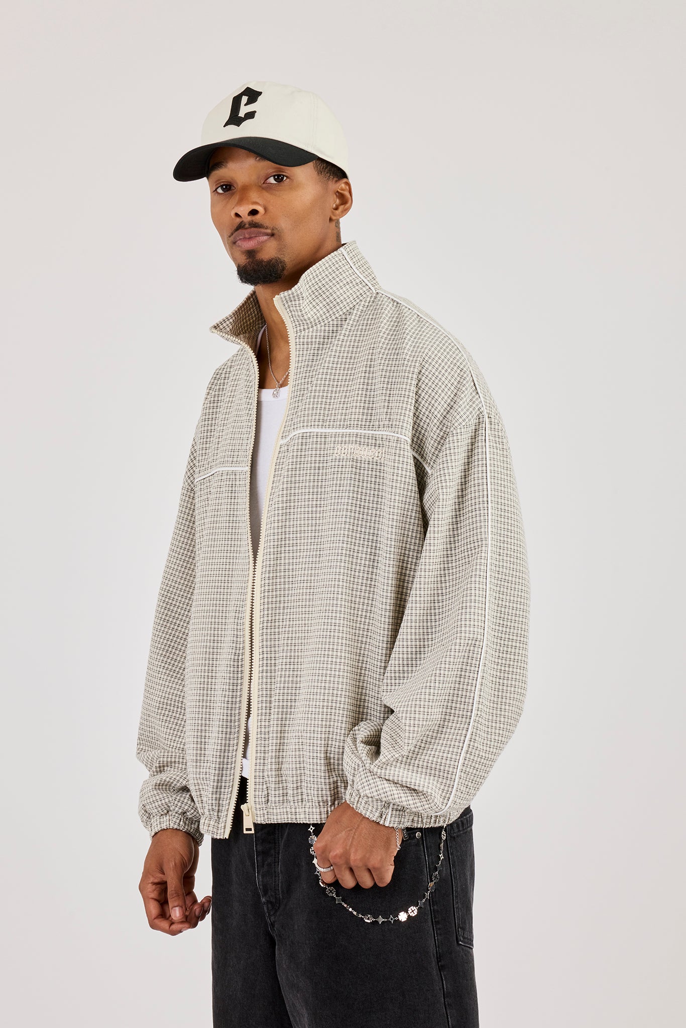 Check Funnel Neck Track Jacket With Piping - Off White