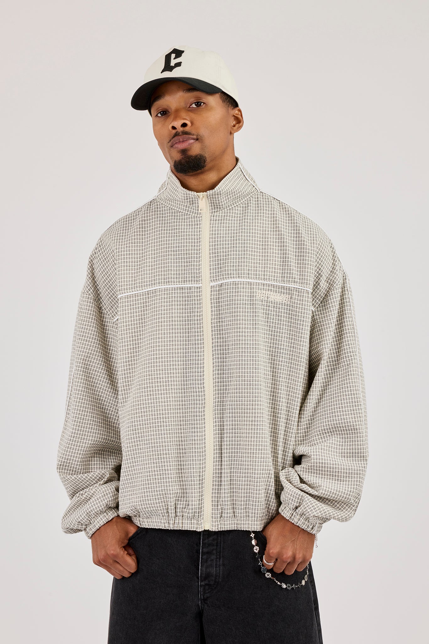 Check Funnel Neck Track Jacket With Piping - Off White