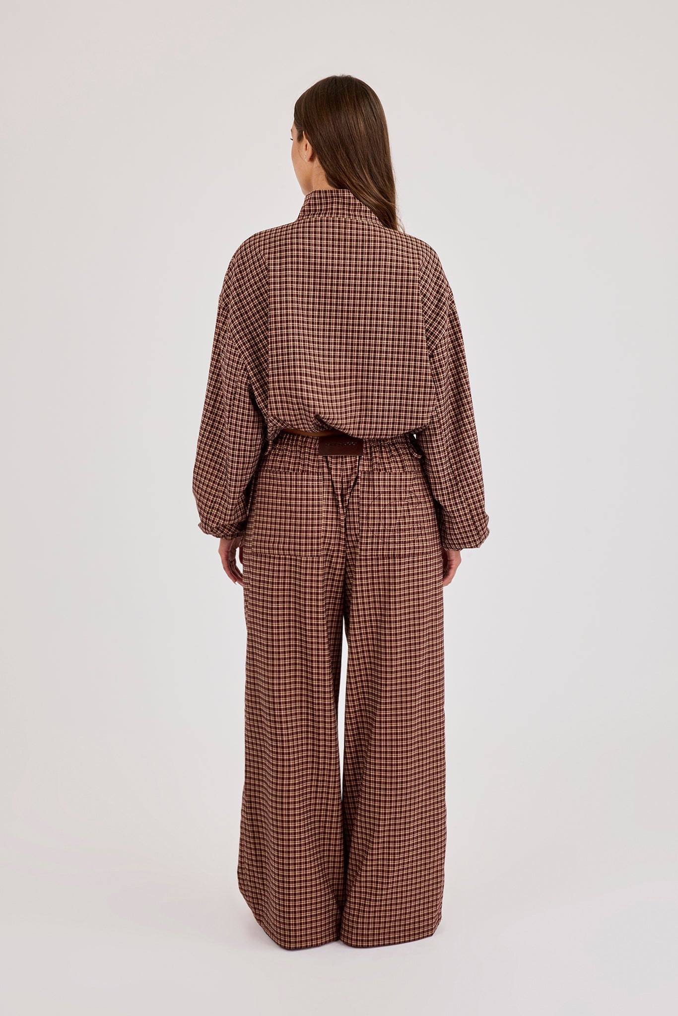 Check Twill Funnel Neck Jacket & Wide Leg Trouser - Burgundy