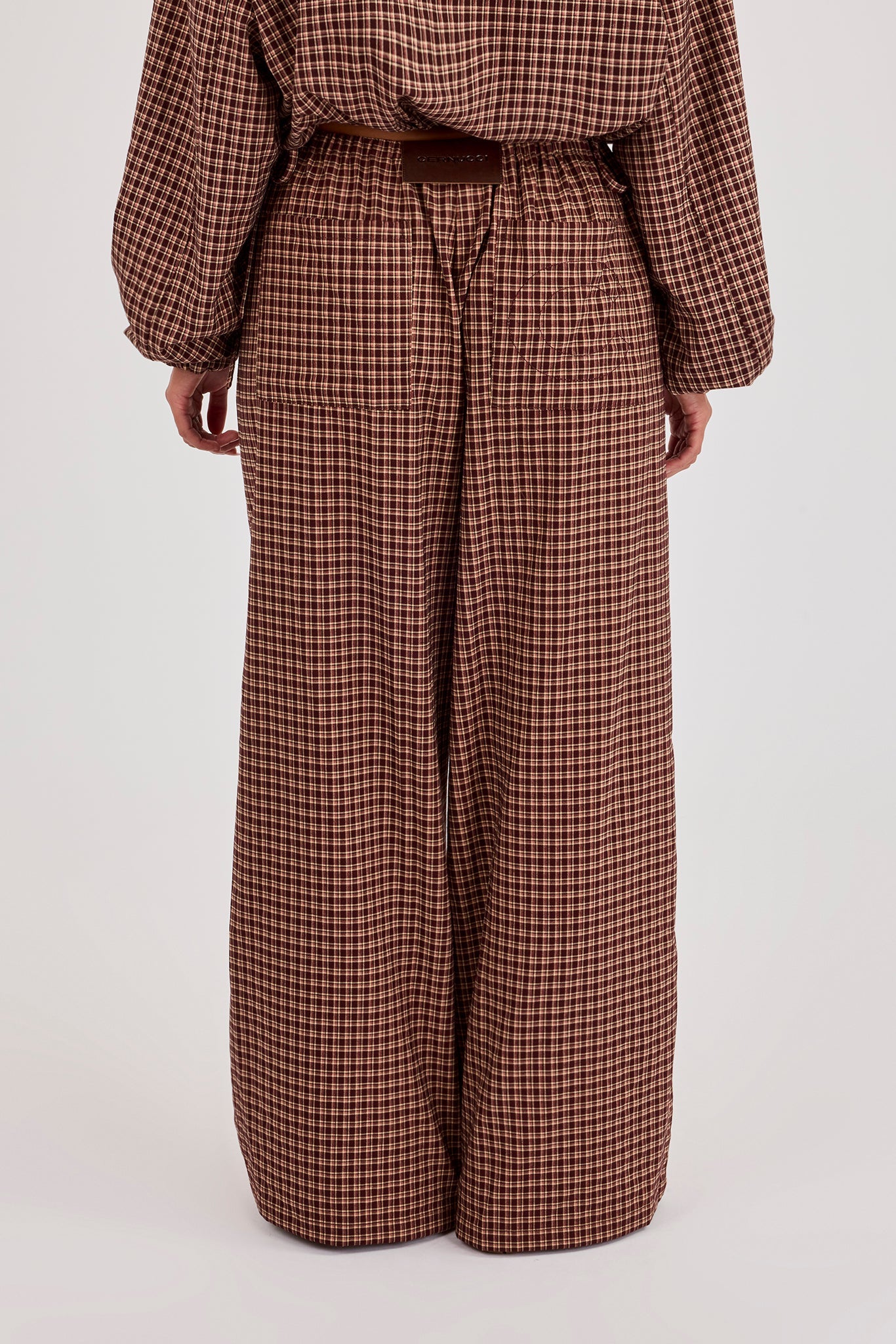Check Twill Wide Leg Trouser - Burgundy