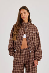 Check Twill Funnel Neck Jacket & Wide Leg Jogger - Chocolate