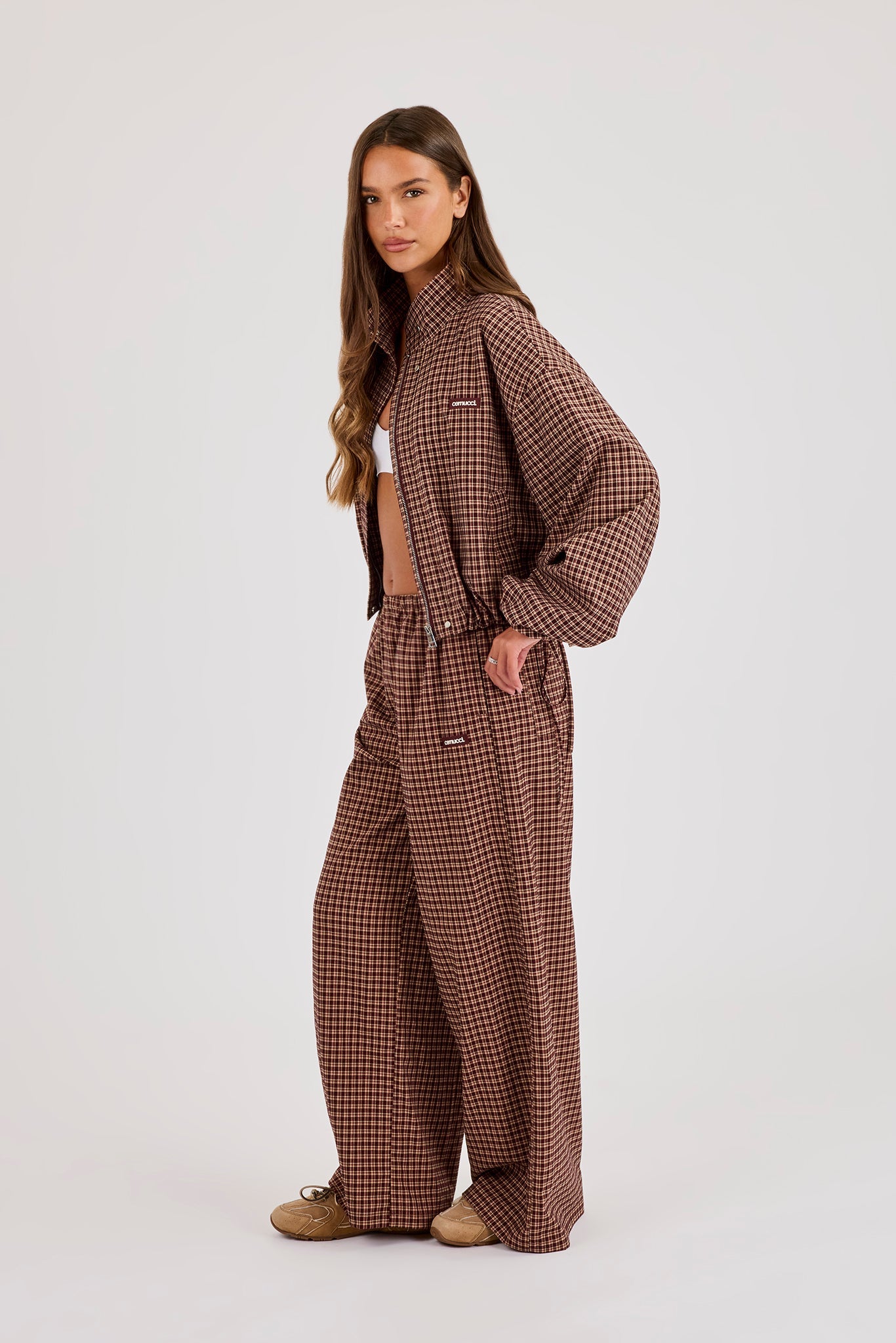 Check Twill Funnel Neck Jacket & Wide Leg Trouser - Burgundy