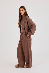 Check Twill Funnel Neck Jacket & Wide Leg Trouser - Burgundy