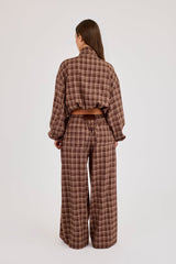 Check Twill Funnel Neck Jacket & Wide Leg Jogger - Chocolate