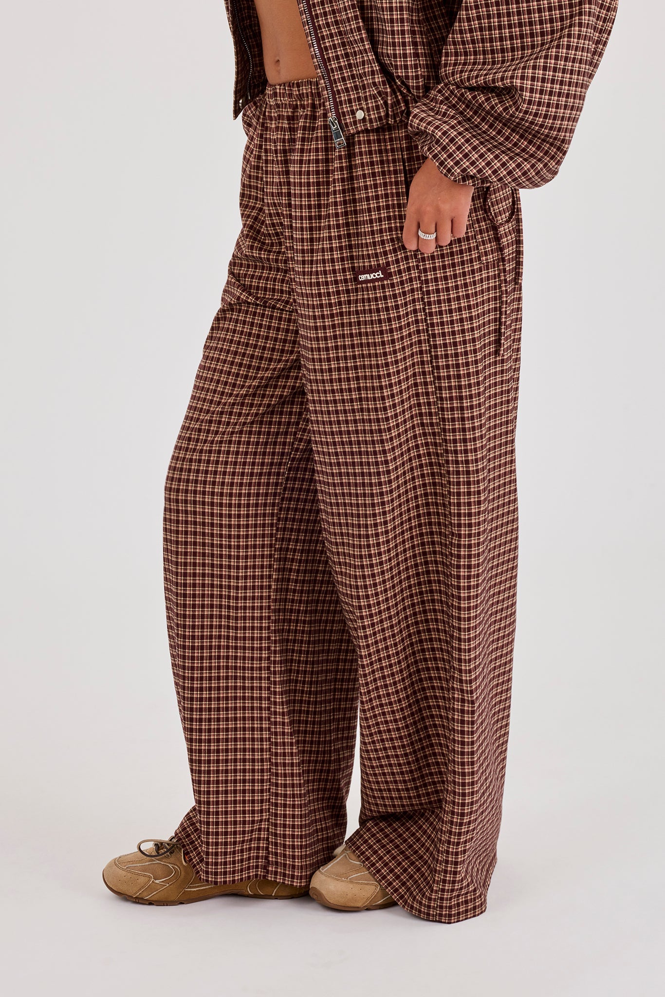 Check Twill Wide Leg Trouser - Burgundy