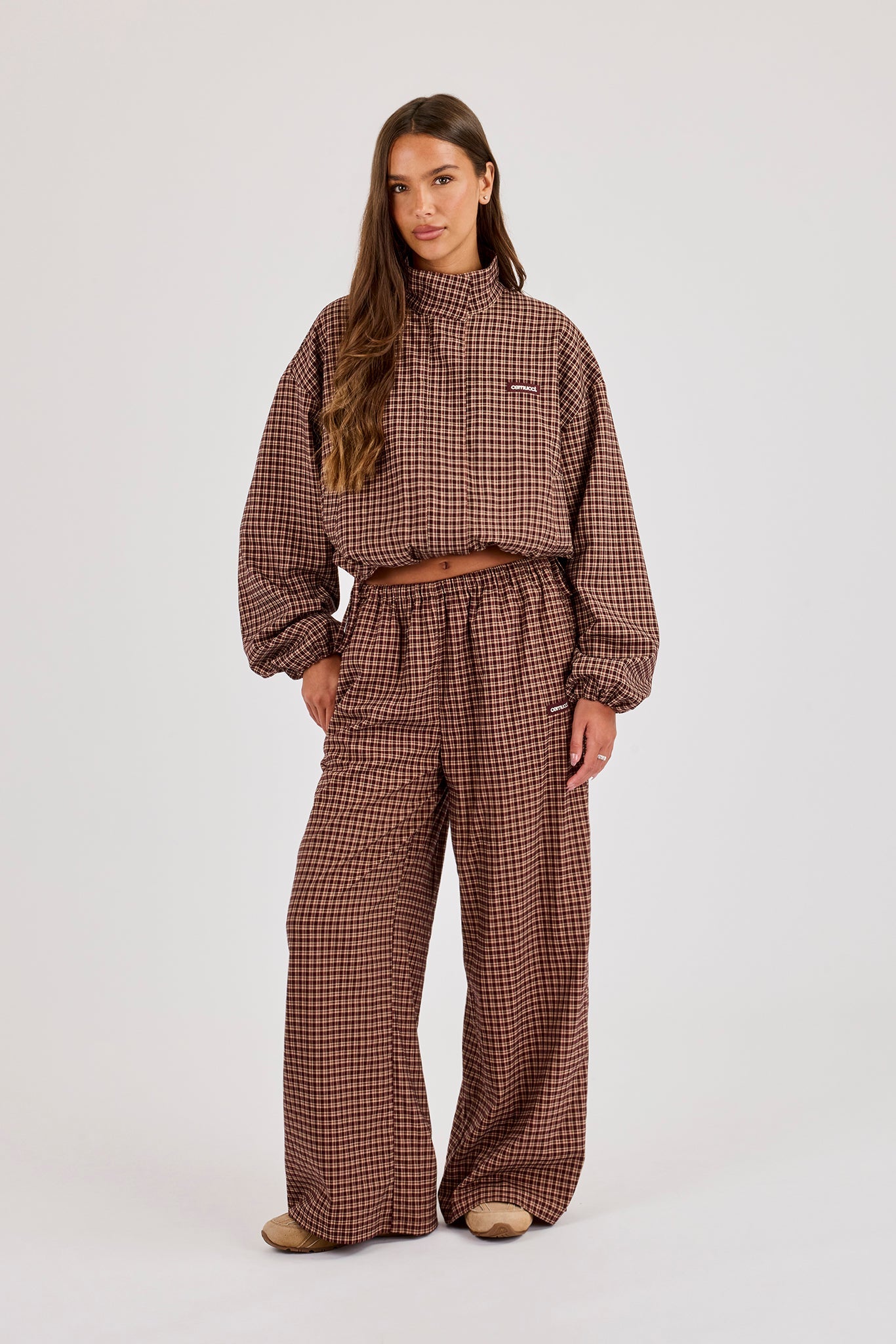 Check Twill Funnel Neck Jacket & Wide Leg Trouser - Burgundy