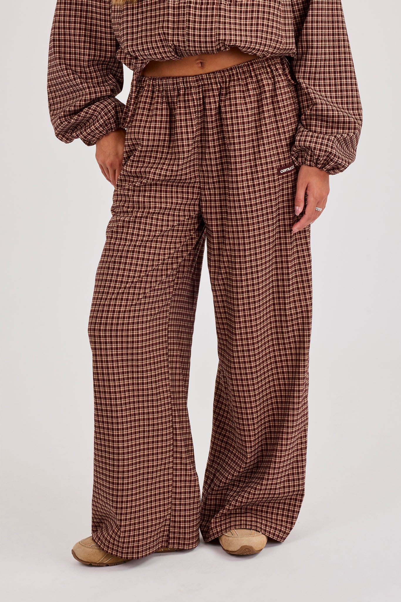 Check Twill Wide Leg Trouser - Burgundy