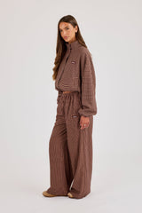 Check Twill Funnel Neck Jacket & Wide Leg Trouser - Burgundy