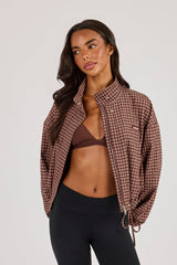 Check Twill Funnel Neck Jacket - Burgundy