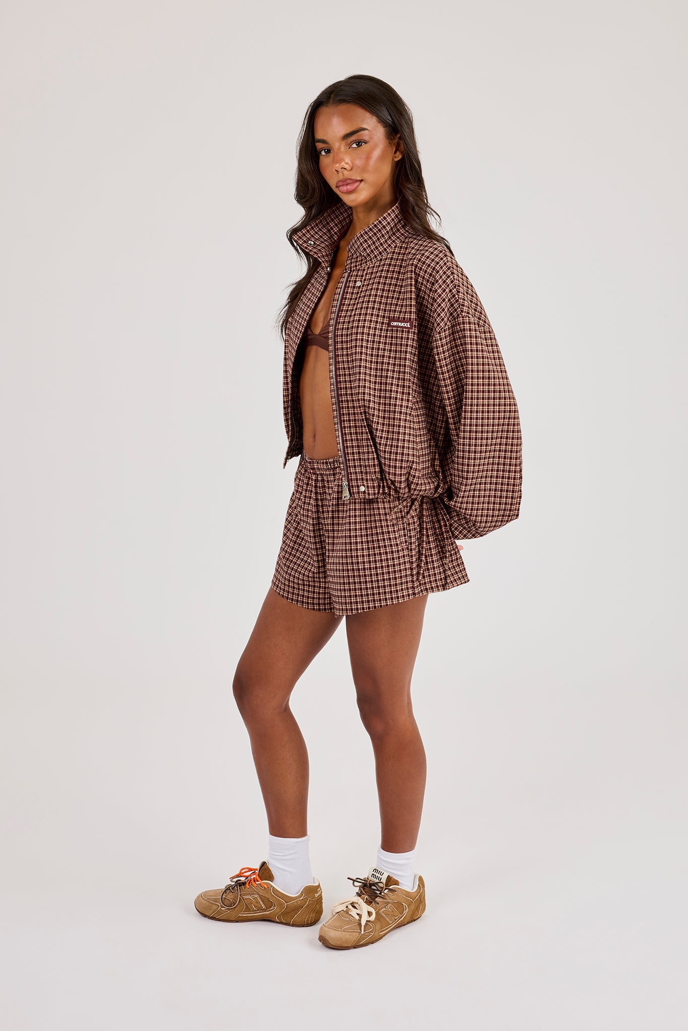Check Twill Funnel Neck Jacket & Short - Burgundy